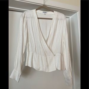 Express White jacquard pattern blouse. Wrap style w/ button on outside & inside.